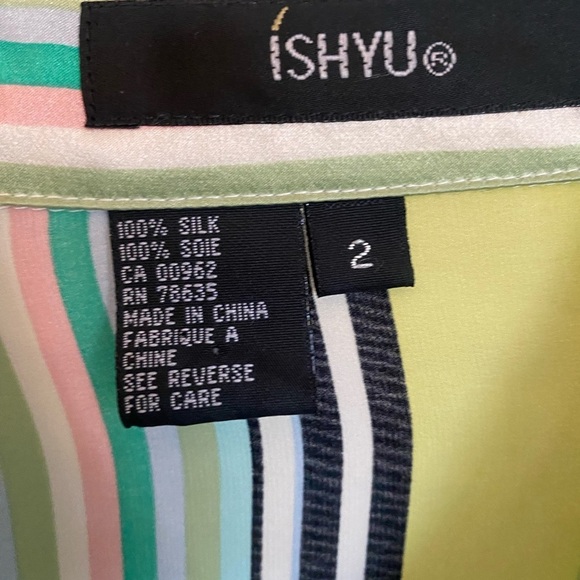 Ishyu Silk Yellow Blue Striped Button-Up Shirt size 2 - Picture 3 of 4